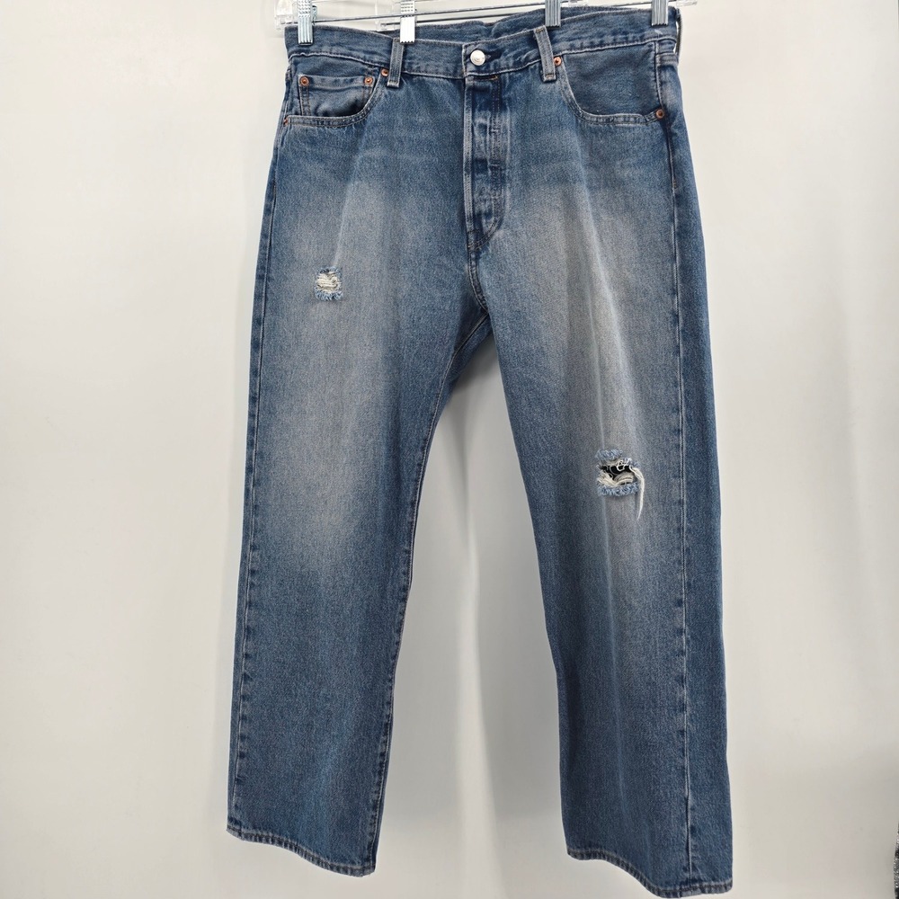 Levis 501 Jeans Mens 36x29 Light Wash Straight Button Fly Red Tab Distressed Leg